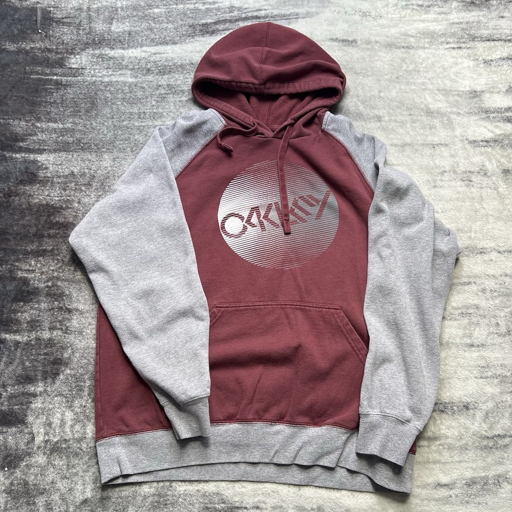 Vintage Oakley Mens Hoodie Pullover Sweatshirt Size XL Maroon Red Gray Skate